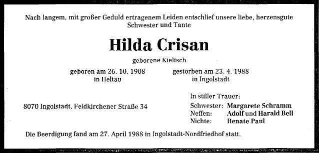 Kieltsch Hilda 1908-1988 Todesanzeige